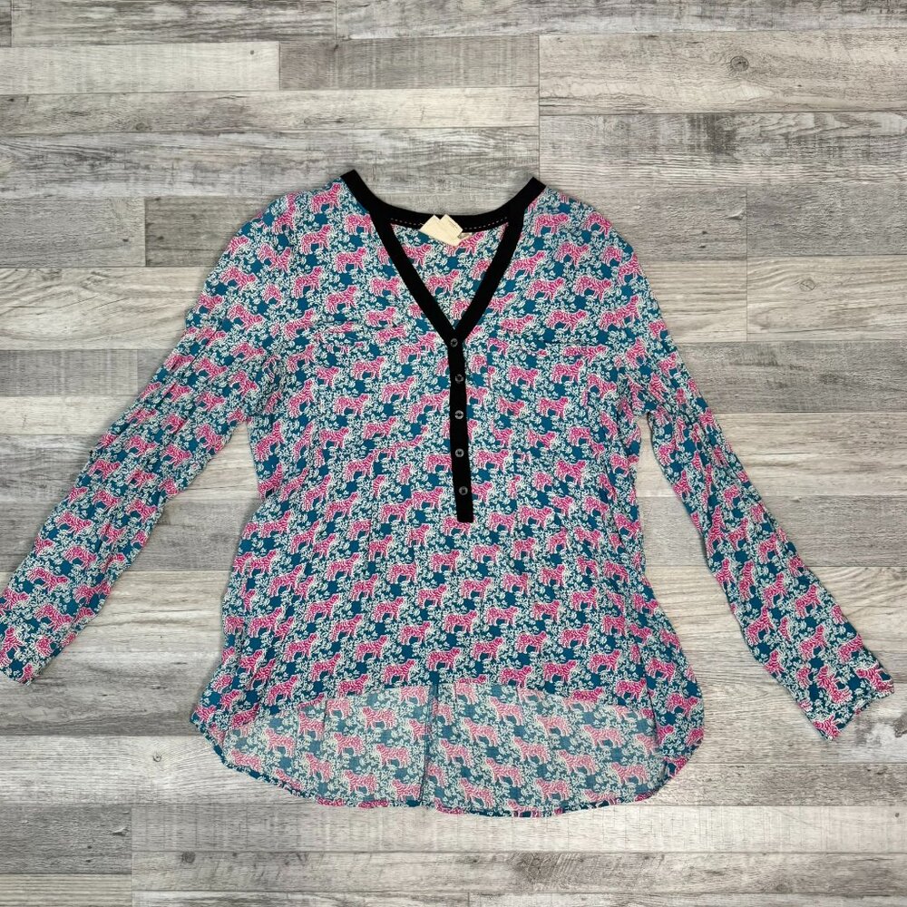 Anthropologie Vanessa Virginia Teal Pink Tiger Print Semi Sheer Blouse J46